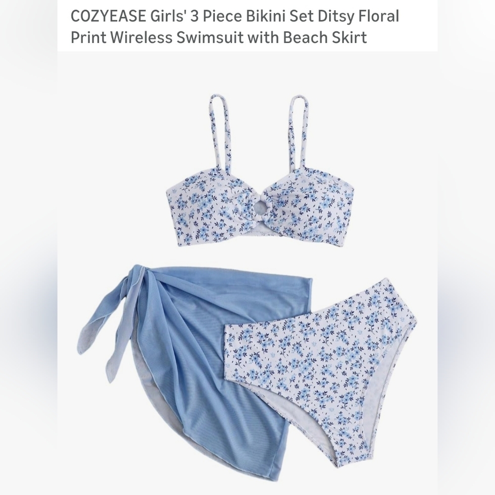 Blue Floral 3-Piece Bikini Set with Beach Skirt. B-29